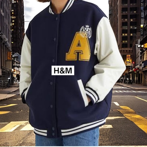 H&M Women's Varsity Jacket in Navy and Cream size medium - Picture 1 of 9